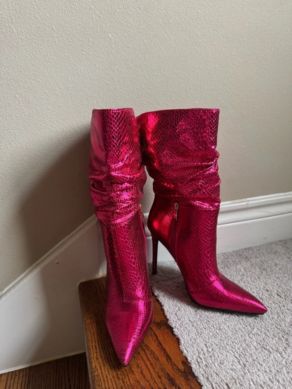 Metallic Fuchsia Pointed-Toe Stiletto Mid-Calf Boots - Picture 2 of 4